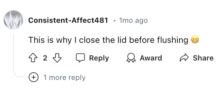 A comment reading “This is why I close the lid before flushing” with an emoji cringing 